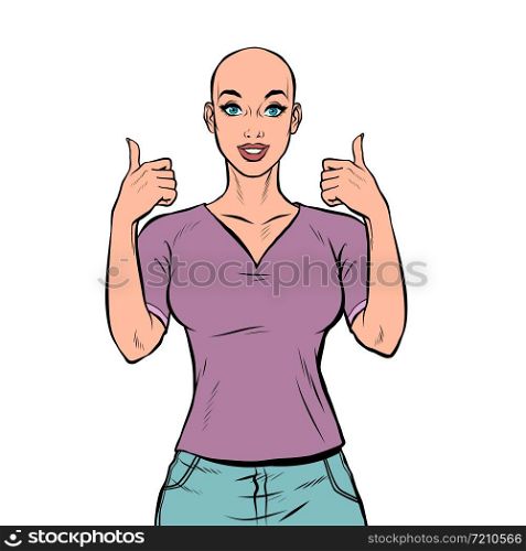 A bald woman with cancer is happy. Chemotherapy. Pop art retro vector illustration drawing vintage kitsch. A bald woman with cancer is happy. Chemotherapy