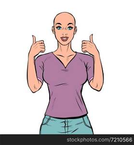 A bald woman with cancer is happy. Chemotherapy. Pop art retro vector illustration drawing vintage kitsch. A bald woman with cancer is happy. Chemotherapy