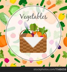 A basket full of fresh vegetables. Vector background. A basket full of fresh vegetables