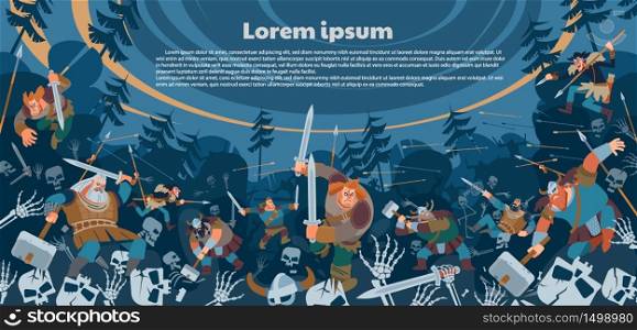 A battle between the northerners and the armies of the dead. Poster, banner fictional medieval fantastic warriors battle scene. Vector flat style illustration. A battle between the northerners and the armies of the dead.