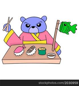 a bear wearing a kimono clothes eating a japanese menu