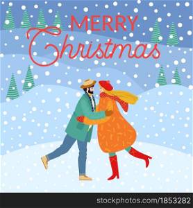 A bearded man and a girl are hugging, the couple congratulates each other on the winter holidays. Christmas and Happy New Year illustration. Trendy retro style, design template.. Christmas and Happy New Year illustration. Trendy retro style, design template.