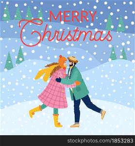 A bearded man and a girl are hugging, the couple congratulates each other on the winter holidays. Christmas and Happy New Year illustration. Trendy retro style, design template.. Christmas and Happy New Year illustration. Trendy retro style, design template.