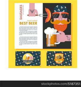 A bearded man in a bandana with sunglasses. Beer mug tattooed hands. Grilled sausage on a fork in his hand. Design corporate business cards beer bar logo.