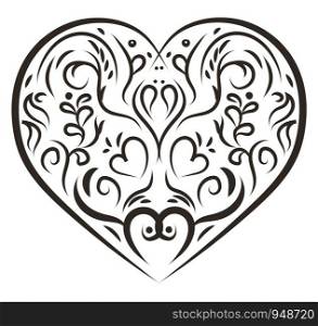 A beautiful black ornament heart, vector, color drawing or illustration.