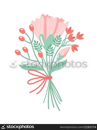 A beautiful bouquet on white background. Vector illustration for Valentine day, Birthday and Women day. Creative greeting card with hand-drawn decorative elements. Elegant feminine design.