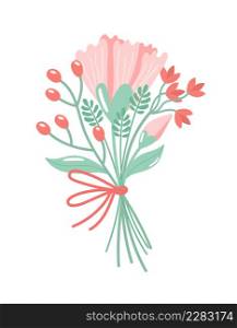 A beautiful bouquet on white background. Vector illustration for Valentine day, Birthday and Women day. Creative greeting card with hand-drawn decorative elements. Elegant feminine design.