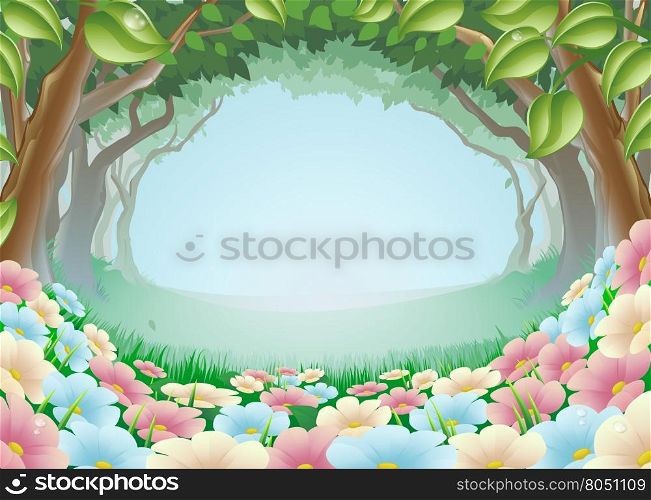 A beautiful fantasy woodland forest scene illustration
