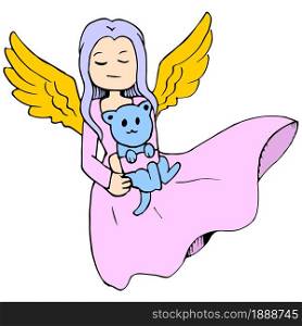 a beautiful female angel carrying a teddy bear. cartoon illustration sticker mascot emoticon