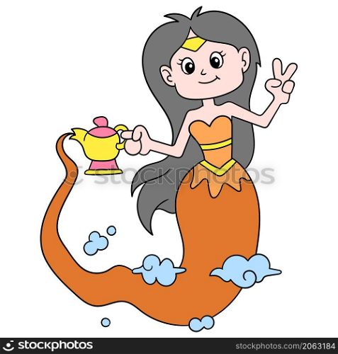 a beautiful female genie creature came out of the magic lamp