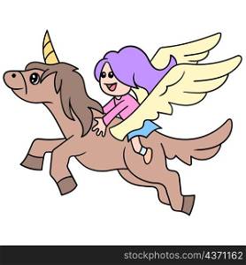a beautiful girl flying on a winged horse