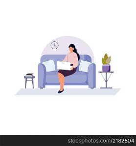 A beautiful girl is sitting on the sofa and working at home on the computer. The concept of freelancing, remote work, and online e-learning. A woman in self-isolation and quarantine. Vector flat illustration
