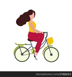 a beautiful girl rides a Bicycle to the store for shopping. The concept of Cycling, outdoor activities, running and sports. Healthy and slim body. Vector cartoon illustration