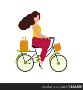 A beautiful girl rides a Bicycle to the store for shopping. The concept of a healthy lifestyle, Cycling, sports. The delivery of food. Vector cartoon flat illustration