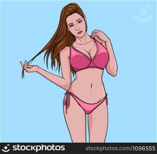 A beautiful girl Swimming suit beach fashion bikini summer Illustration vector On pop art comics style Abstract colorful background