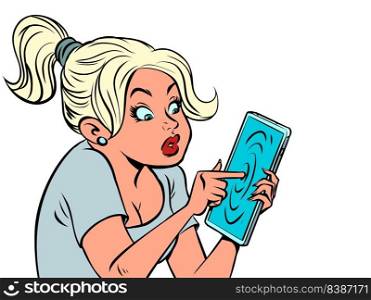 A beautiful girl uses a smartphone, a touchscreen phone screen. Mobile technologies. comic cartoon kitsch vintage style hand drawing illustration. A beautiful girl uses a smartphone, a touchscreen phone screen. Mobile technologies