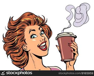 A beautiful girl with a fashionable red haircut offers a drink, she has a beautiful make-up and manicure. Comic cartoon pop art retro vector illustration hand drawing. A beautiful girl with a fashionable red haircut offers a drink, she has a beautiful make-up and manicure.