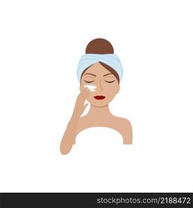 A beautiful girl with closed eyes put a green cucumber mask made of green tea to her face and timed it. Vector flat cartoon illustration for beauty salon, cosmetology, Spa, cosmetics
