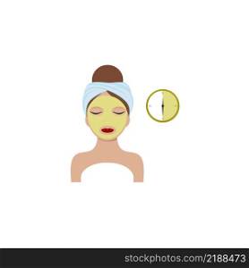 A beautiful girl with closed eyes put a green cucumber mask made of green tea to her face and timed it. Vector flat cartoon illustration for beauty salon, cosmetology, Spa, cosmetics