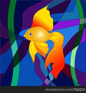 A beautiful Golden fish on a sea abstract background in the form of a colorful mosaic