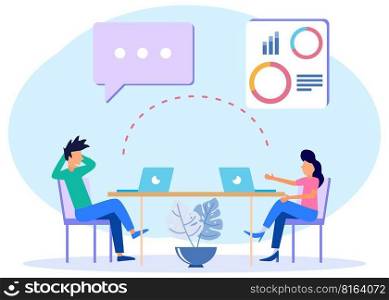 A beautiful interior office with 2 creative business people sitting at the table. Business teams work together at large desks using laptops, sending data. Flat design style vector illustration.