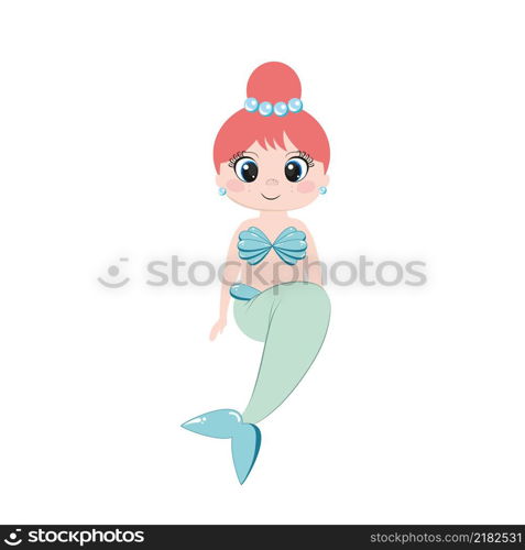 A beautiful mermaid with big eyes is sitting on a rock. Vector illustration. Children&rsquo;s cartoon character fairies, princesses. Logo design, children&rsquo;s book, print for textiles, tailoring.