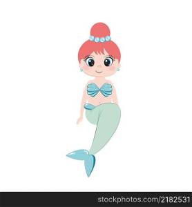 A beautiful mermaid with big eyes is sitting on a rock. Vector illustration. Children&rsquo;s cartoon character fairies, princesses. Logo design, children&rsquo;s book, print for textiles, tailoring.