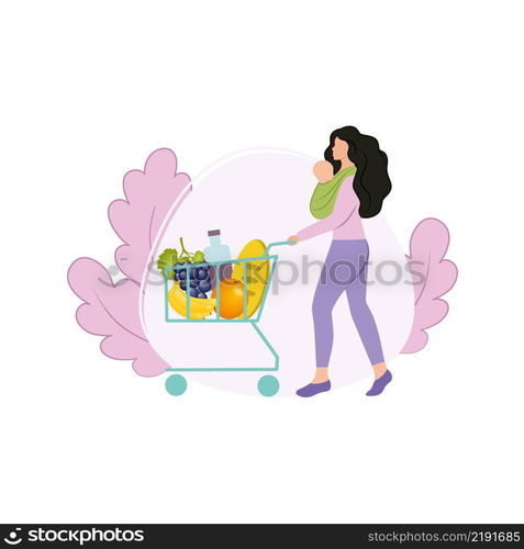 A beautiful mother with a newborn baby in a sling in her arms went to the store for shopping with a basket of products. Shopping at a grocery store. Fruit and food. Vector flat illustrations.