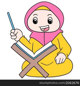 a beautiful muslim woman wearing a hijab sitting reading the holy book