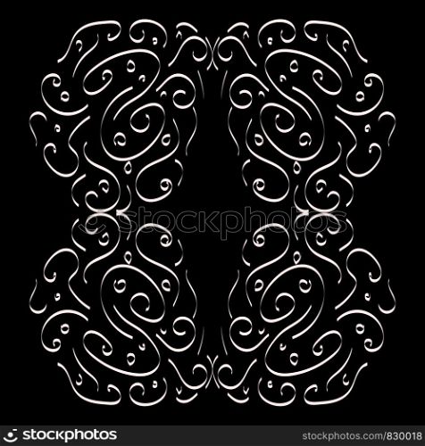 A beautiful ornament in white with curves and circles on a black background vector color drawing or illustration