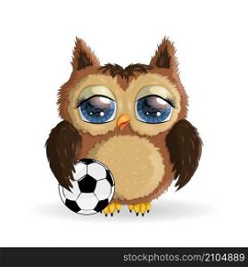 A beautiful owl is playing with a soccer ball. Owl is a soccer player. Cartoon illustration isolated on white background.. A beautiful owl is playing with a soccer ball. Owl is a soccer player