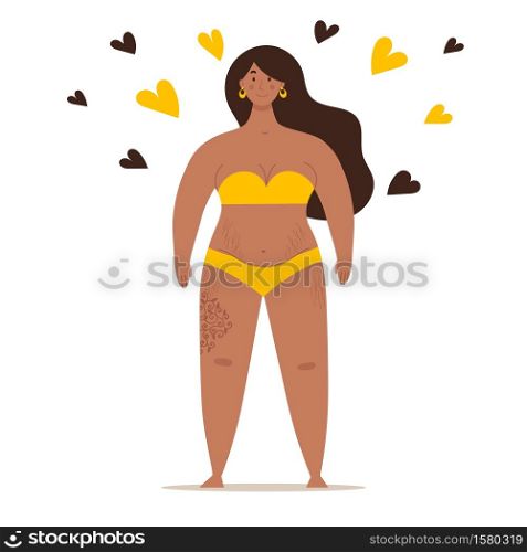 A beautiful plump woman in a swimsuit stands in full growth. Concept of body positivity, self-love, overweight. Flat vector female character