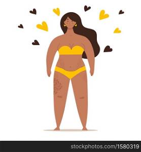 A beautiful plump woman in a swimsuit stands in full growth. Concept of body positivity, self-love, overweight. Flat vector female character