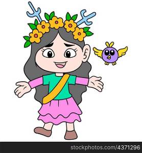 a beautiful princess with a flower crown a girl playing with birds in the wild