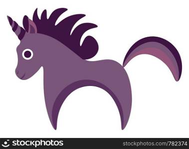 A beautiful purple unicorn horse with a horn and long tail vector color drawing or illustration