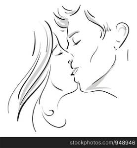 A beautiful sketch of a couple kissing, vector, color drawing or illustration.