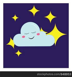 A beautiful sleeping cloud with stars around, vector, color drawing or illustration.