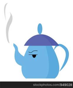 A beautiful teapot in blue color with hot tea in it, vector, color drawing or illustration.