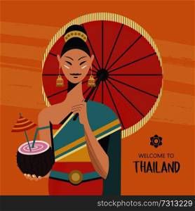 A beautiful Thai girl with a red umbrella holds an exotic coconut cocktail. The girl wears a national Thai costume. Welcome to Thailand. Vector colorful illustration.. Thai beautiful girl in national Thai dress with coconut cocktail in hand. Vector illustration.