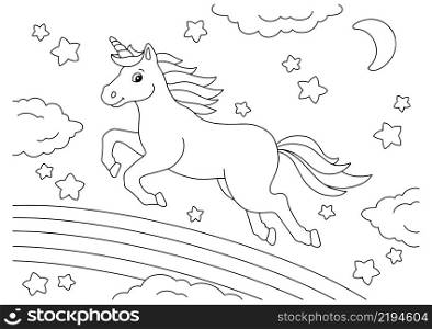 A beautiful unicorn jumps on a rainbow. Coloring book page for kids. Cartoon style character. Vector illustration isolated on white background.