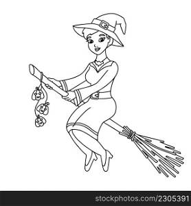A beautiful witch flies on a broomstick. Coloring book page for kids. Cartoon style character. Vector illustration isolated on white background. Halloween theme.