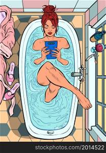 A beautiful woman in a filled bathroom. Sexy girl is reading a smartphone. Top view Pop art retro vector illustration 50s 60 vintage kitsch style. A beautiful woman in a filled bathroom. Sexy girl is reading a smartphone. Top view
