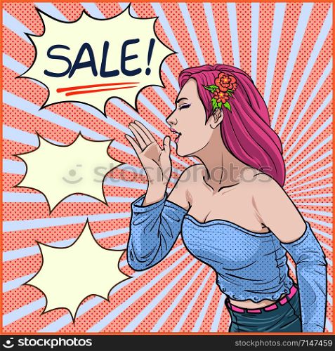 A beautiful woman shouting loudly fashion sale Illustration vector On pop art comics style Abstract dot colorful background