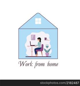 A beautiful woman sits at home and works at the computer. Vector illustration in flat style. The concept of freelancing, online learning, and working from home. Isolation and 