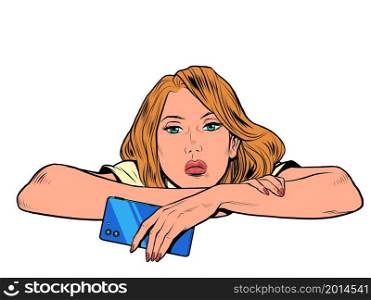 a beautiful woman with a smartphone, resting. Peace and quiet. Pop art retro vector illustration kitsch vintage 50s 60s style. a beautiful woman with a smartphone, resting. Peace and quiet