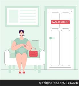 A beautiful young pregnant woman is sitting in hospital on a chair, waiting for a scheduled appointment with a gynecologist.Health check. Health care concept during pregnancy.flat vector illustration