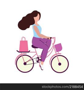 A beautiful young woman rides a Bicycle with shopping from a store. Package with food and food. Vector flat cartoon illustration. Logo of a sports store, Cycling, or gym.