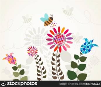A bee collects nectar from the flowers. Vector illustration