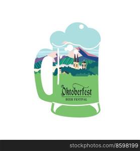 A beer mug with a mountain Alpine landscape. Vector illustration for the Oktoberfest beer festival.. A beer mug. Vector illustration for the Oktoberfest beer festival_01.eps