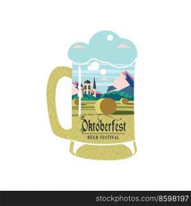 A beer mug with a rural landscape. Vector illustration for the Oktoberfest beer festival.. A beer mug. Vector illustration for the Oktoberfest beer festival_01.eps